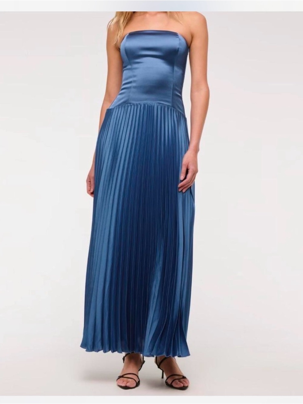 Abercrombie & Fitch Strapless Pleated Satin Maxi Dress - Steel Blue